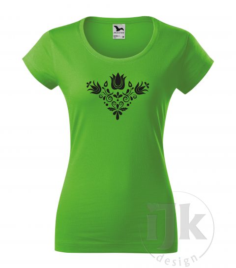 Dámske tričko farba zelené jablko s potlačou, s čiernou hladkou fóliou, s folklórnym motívom z Jablonice a s krátkym rukávom.