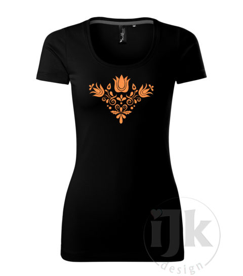 Dámske čierne tričko s potlačou, s oranžovou glitrovou fóliou, s folklórnym motívom z Jablonice a s krátkym rukávom.