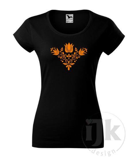Dámske čierne tričko s potlačou, s oranžovou hladkou fóliou, s folklórnym motívom z Jablonice a s krátkym rukávom.