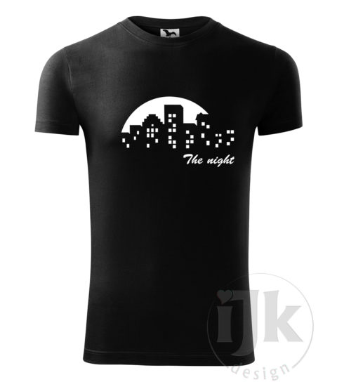 Pánske čierne tričko s potlačou, s bielou hladkou fóliou, s autorským vzorom, motívom je mesto v noci s obrovským mesiacom v splne a s krátkym rukávom.