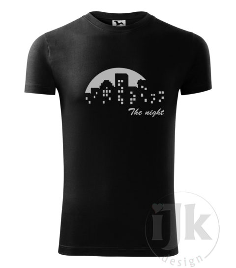 Pánske čierne tričko s potlačou, s reflexnou fóliou, s autorským vzorom, motívom je mesto v noci s obrovským mesiacom v splne a s krátkym rukávom.