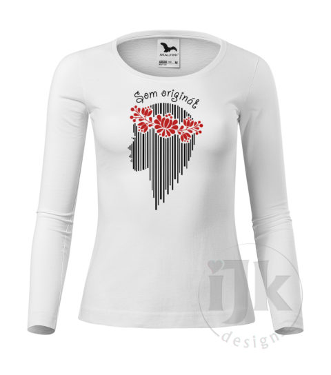 Dámske biele tričko s potlačou, s čiernou hladkou a červenou zamatovou fóliou, s autorským vzorom – čiarový kód v tvare ženskej hlavy reprezentuje našu jedinečnosť, kvetinový venček ženskosť a jemnosť a s dlhým rukávom.