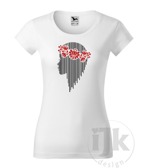 Dámske biele tričko s potlačou, s čiernou hladkou a červenou zamatovou fóliou, s autorským vzorom – čiarový kód v tvare ženskej hlavy reprezentuje našu jedinečnosť, kvetinový venček ženskosť a jemnosť a s krátkym rukávom.