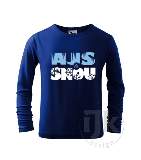 Detské tričko farba káľovská modrá s potlačou, s bledomodrou a bielou hladkou fóliou, s autorským zimným vzorom, motívom je nápis SNOW and ICE vo fonetickom stvárnení a s dlhým rukávom.