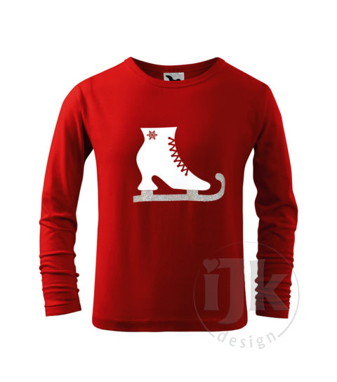Detské červené tričko s potlačou, s bielou hladkou a striebornou glitrovou fóliou, s autorským zimným vzorom, motívom je originálne stvárnená korčuľa s dlhým rukávom.