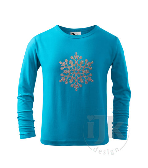 Detské tyrkysové tričko s potlačou, s multi glitrovou fóliou, s autorským zimným vzorom, motívom je jedna veľká snehová vločka a s dlhým rukávom.