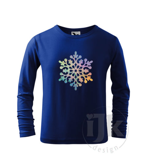 Detské tričko farba kráľovská modrá s potlačou, so sparkle fóliou, s autorským zimným vzorom, motívom je jedna veľká snehová vločka a s dlhým rukávom.