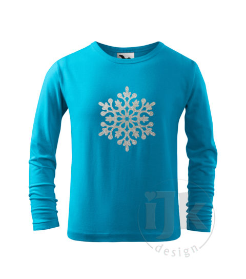 Detské tyrkysové tričko s potlačou, so striebornou glitrovou fóliou, s autorským zimným vzorom, motívom je jedna veľká snehová vločka a s dlhým rukávom.