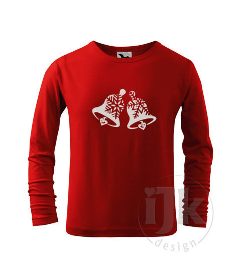 Detské červené tričko s potlačou, s bielou glitrovou fóliou, s autorským zimným vzorom, motívom sú originálne stvárnené zvončeky s dlhým rukávom.