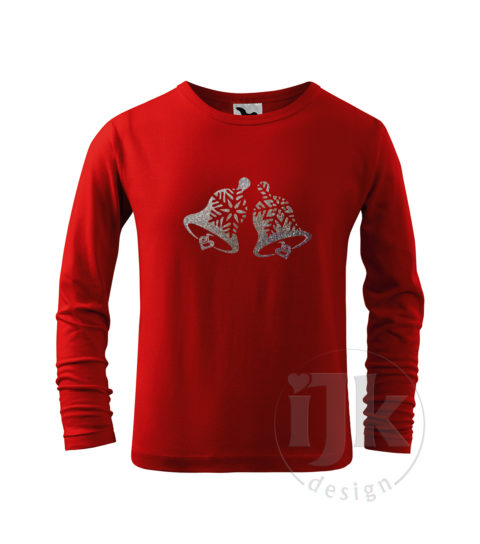 Detské červené tričko s potlačou, s multi glitrovou fóliou, s autorským zimným vzorom, motívom sú originálne stvárnené zvončeky s dlhým rukávom.