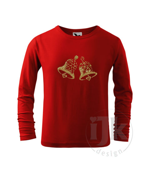 Detské červené tričko s potlačou, so zlatou glitrovou fóliou, s autorským zimným vzorom, motívom sú originálne stvárnené zvončeky s dlhým rukávom.