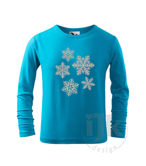 Detské tyrkysové tričko s potlačou, so striebornou glitrovou fóliou, s autorským zimným vzorom, motívom je päť snehových vločiek rôznych veľkostí a s dlhým rukávom.