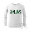Detské biele tričko s potlačou, so zelenou zamatovou a zelenou hladkou fóliou, s autorským zimným, vianočným vzorom, motívom je originálne stvárnený nápis Vianoce a s dlhým rukávom.