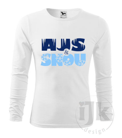 Pánske biele tričko s potlačou, s bledomodrou a modrou hladkou fóliou, s autorským zimným vzorom, motívom je nápis SNOW and ICE vo fonetickom stvárnení a s dlhým rukávom.