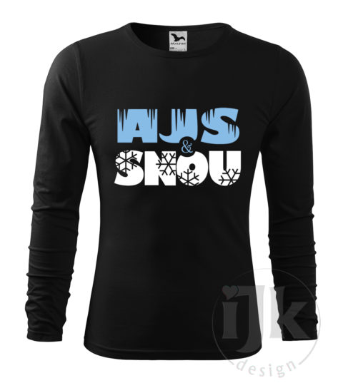 Pánske čierne tričko s potlačou, s bledomodrou a bielou hladkou fóliou, s autorským zimným vzorom, motívom je nápis SNOW and ICE vo fonetickom stvárnení a s dlhým rukávom.