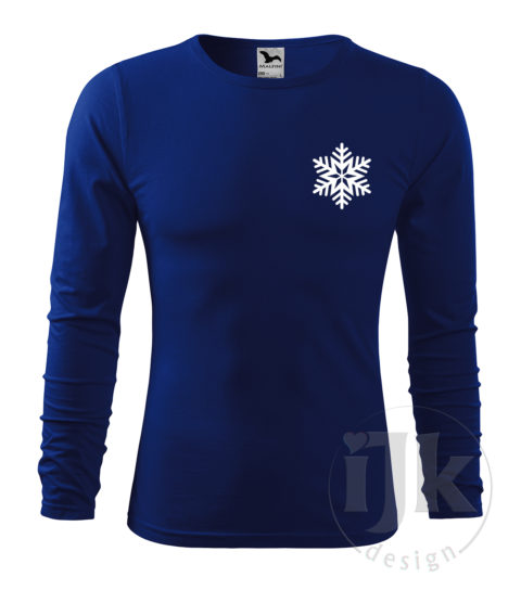Pánske tričko farba kráľovská modrá s potlačou, s bielou hladkou fóliou, s autorským zimným vzorom, motívom je jedna snehová vločka umiestnené vľavo hore a s dlhým rukávom.