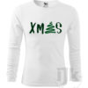Pánske biele tričko s potlačou, so zelenou zamatovou a zelenou hladkou fóliou, s autorským zimným, vianočným vzorom, motívom je originálne stvárnený nápis Vianoce a s dlhým rukávom.