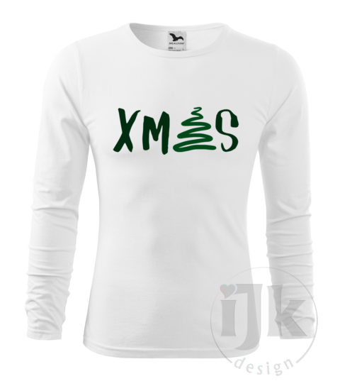Pánske biele tričko s potlačou, so zelenou zamatovou a zelenou hladkou fóliou, s autorským zimným, vianočným vzorom, motívom je originálne stvárnený nápis Vianoce a s dlhým rukávom.