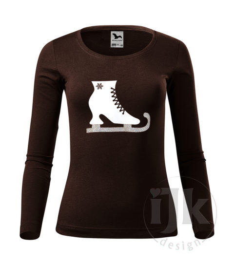 Dámske kávové tričko s potlačou, s bielou hladkou a striebornou glitrovou fóliou, s autorským zimným vzorom, motívom je originálne stvárnená korčuľa s dlhým rukávom.
