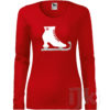 Dámske červené tričko s potlačou, s bielou hladkou a striebornou glitrovou fóliou, s autorským zimným vzorom, motívom je originálne stvárnená korčuľa s dlhým rukávom.