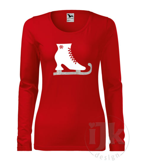 Dámske červené tričko s potlačou, s bielou hladkou a striebornou glitrovou fóliou, s autorským zimným vzorom, motívom je originálne stvárnená korčuľa s dlhým rukávom.