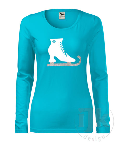 Dámske tyrkysové tričko s potlačou, s bielou hladkou a striebornou glitrovou fóliou, s autorským zimným vzorom, motívom je originálne stvárnená korčuľa s dlhým rukávom.