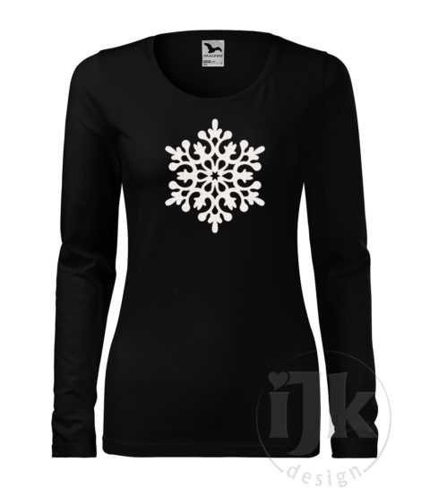 Dámske čierne tričko s potlačou, s bielou glitrovou fóliou, s autorským zimným vzorom, motívom je jedna veľká snehová vločka a s dlhým rukávom.