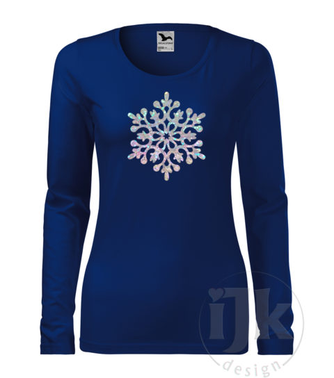 Dámske tričko farba kráľovská modrá s potlačou, s crystal fóliou, s autorským zimným vzorom, motívom je jedna veľká snehová vločka a s dlhým rukávom.