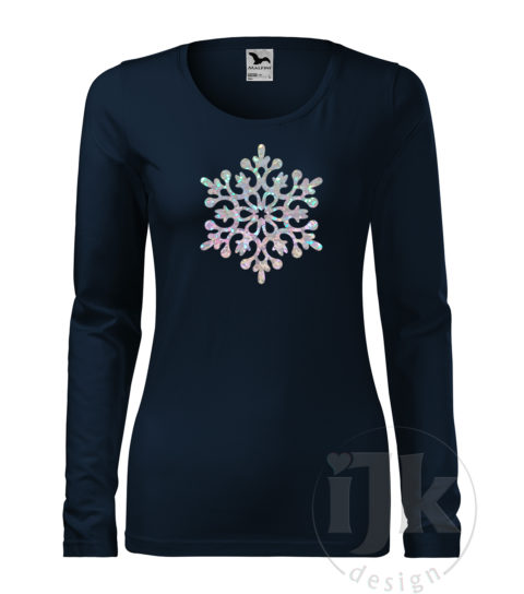 Dámske tmavomodré tričko s potlačou, s crystal fóliou, s autorským zimným vzorom, motívom je jedna veľká snehová vločka a s dlhým rukávom.