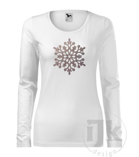Dámske biele tričko s potlačou, s multi glitrovou fóliou, s autorským zimným vzorom, motívom je jedna veľká snehová vločka a s dlhým rukávom.