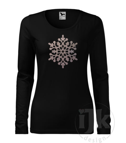 Dámske čierne tričko s potlačou, s multi glitrovou fóliou, s autorským zimným vzorom, motívom je jedna veľká snehová vločka a s dlhým rukávom.