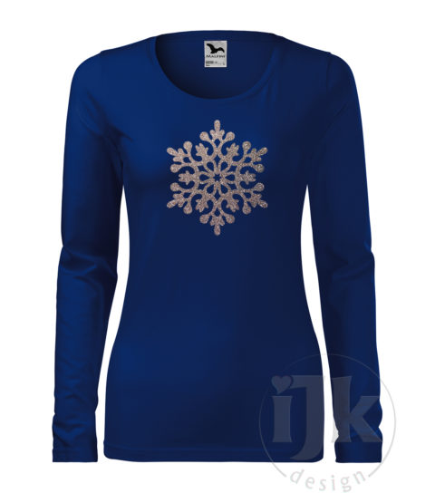 Dámske tričko farba kráľovská modrá s potlačou, s multi glitrovou fóliou, s autorským zimným vzorom, motívom je jedna veľká snehová vločka a s dlhým rukávom.