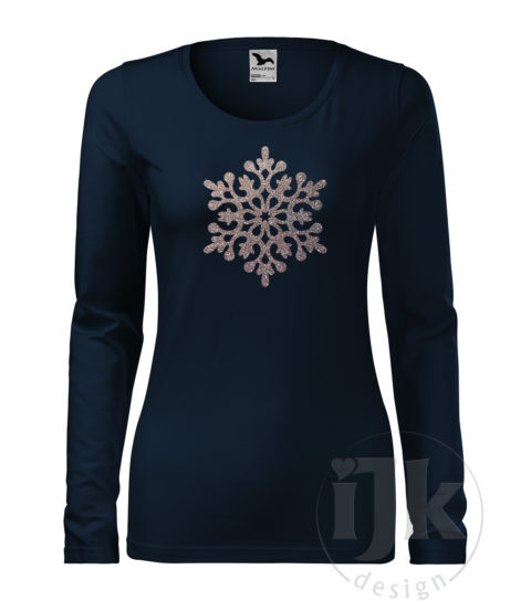 Dámske tmavomodré tričko s potlačou, s multi glitrovou fóliou, s autorským zimným vzorom, motívom je jedna veľká snehová vločka a s dlhým rukávom.