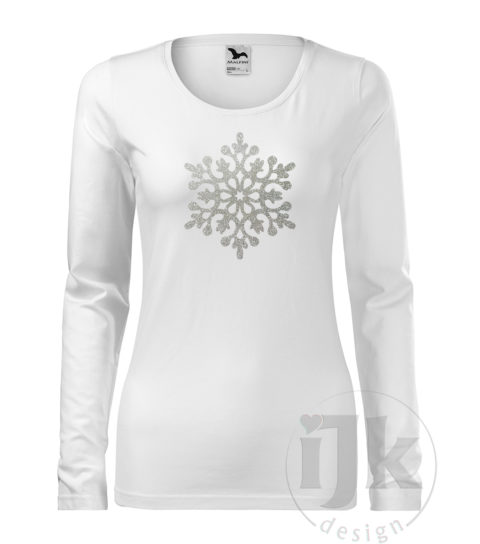 Dámske biele tričko s potlačou, so striebornou glitrovou fóliou, s autorským zimným vzorom, motívom je jedna veľká snehová vločka a s dlhým rukávom.