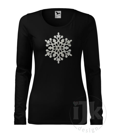 Dámske čierne tričko s potlačou, so striebornou glitrovou fóliou, s autorským zimným vzorom, motívom je jedna veľká snehová vločka a s dlhým rukávom.