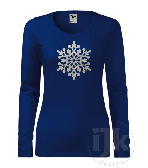 Dámske tričko farba kráľovská modrá s potlačou, so striebornou glitrovou fóliou, s autorským zimným vzorom, motívom je jedna veľká snehová vločka a s dlhým rukávom.