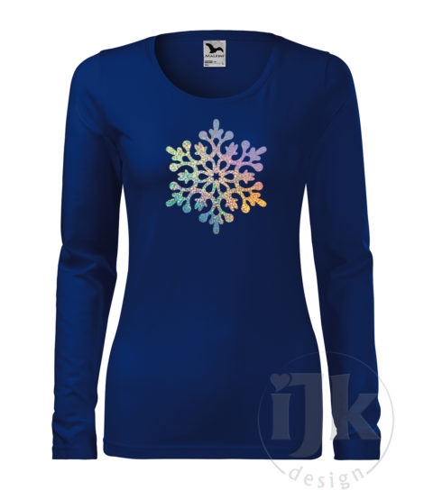 Dámske tričko farba kráľovská modrá s potlačou, so sparkle fóliou, s autorským zimným vzorom, motívom je jedna veľká snehová vločka a s dlhým rukávom.