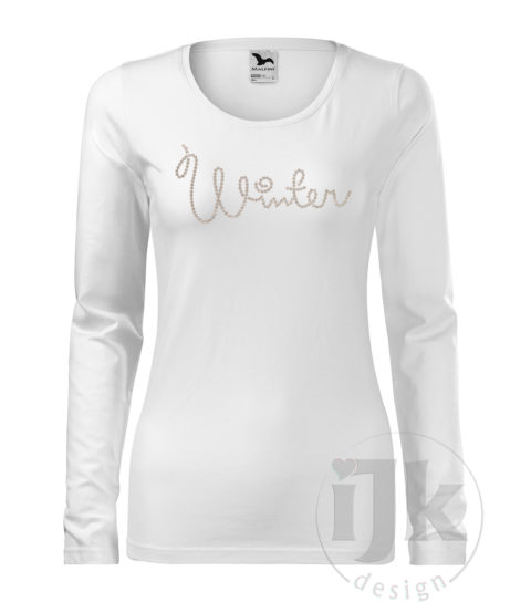 Dámske biele tričko s potlačou, so striebornou glitrovou fóliou, s autorským zimným vzorom, motívom je nápis Winter vytvarovaný zo striebornej guličkovej vianočnej reťaze a s dlhým rukávom.