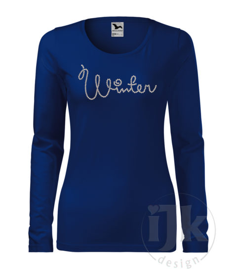 Dámske tričko farba kráľovská modrá s potlačou, so striebornou glitrovou fóliou, s autorským zimným vzorom, motívom je nápis Winter vytvarovaný zo striebornej guličkovej vianočnej reťaze a s dlhým rukávom.