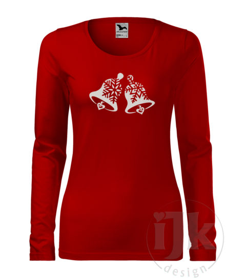 Dámske červené tričko s potlačou, s bielou glitrovou fóliou, s autorským zimným vzorom, motívom sú originálne stvárnené zvončeky s dlhým rukávom.