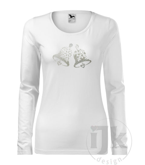 Dámske biele tričko s potlačou, so striebornou glitrovou fóliou, s autorským zimným vzorom, motívom sú originálne stvárnené zvončeky s dlhým rukávom.
