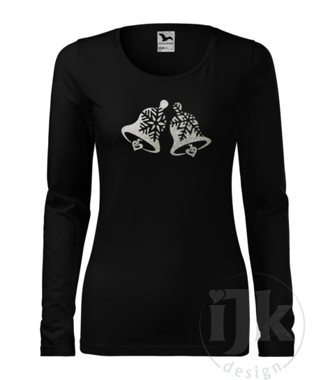 Dámske čierne tričko s potlačou, so striebornou glitrovou fóliou, s autorským zimným vzorom, motívom sú originálne stvárnené zvončeky s dlhým rukávom.
