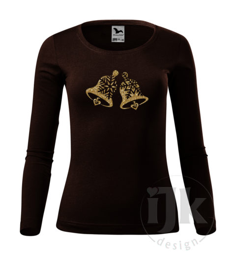 Dámske kávové tričko s potlačou, so zlatou glitrovou fóliou, s autorským zimným vzorom, motívom sú originálne stvárnené zvončeky s dlhým rukávom.