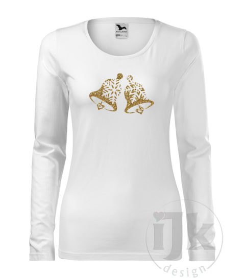 Dámske biele tričko s potlačou, so zlatou glitrovou fóliou, s autorským zimným vzorom, motívom sú originálne stvárnené zvončeky s dlhým rukávom.