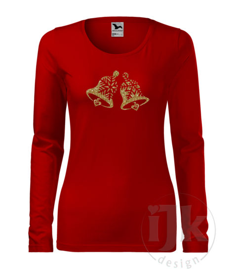 Dámske červené tričko s potlačou, so zlatou glitrovou fóliou, s autorským zimným vzorom, motívom sú originálne stvárnené zvončeky s dlhým rukávom.