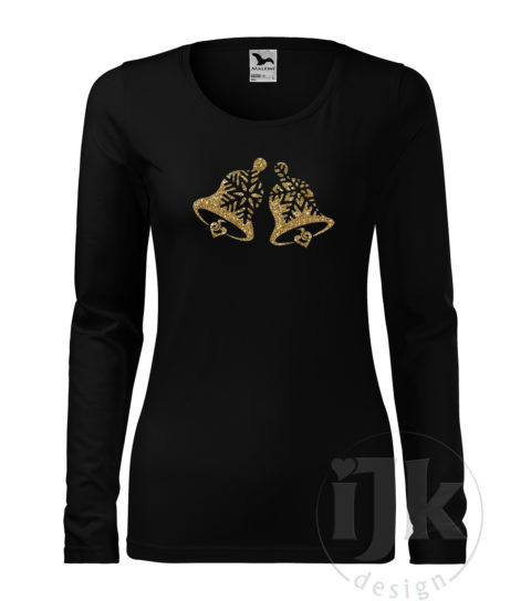 Dámske čierne tričko s potlačou, so zlatou glitrovou fóliou, s autorským zimným vzorom, motívom sú originálne stvárnené zvončeky s dlhým rukávom.