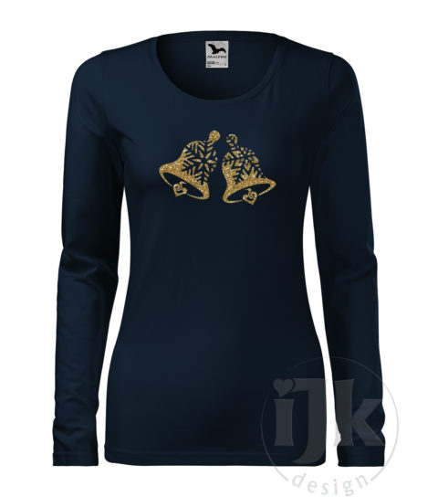 Dámske tmavomodré tričko s potlačou, so zlatou glitrovou fóliou, s autorským zimným vzorom, motívom sú originálne stvárnené zvončeky s dlhým rukávom.