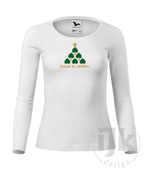 Dámske biele tričko s potlačou, so zelenou zamatovou a zlatou glitrovou fóliou, s autorským zimným, vianočným vzorom, motívom je originálne stvárnený vianočný stromček a s dlhým rukávom.