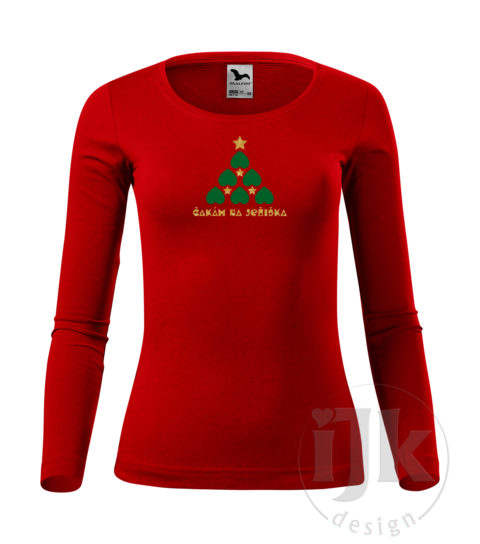 Dámske červené tričko s potlačou, so zelenou zamatovou a zlatou glitrovou fóliou, s autorským zimným, vianočným vzorom, motívom je originálne stvárnený vianočný stromček a s dlhým rukávom.