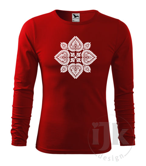 Pánske červené tričko s potlačou, s bielou hladkou fóliou, s folklórnym motívom z Čataja a s dlhým rukávom.